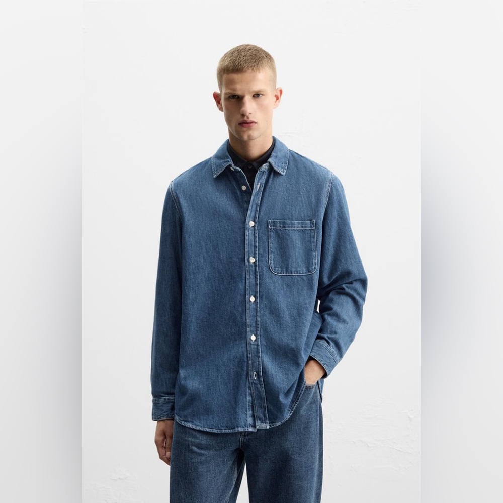 Zara Washed Denim Chambray Shirt XL Mens Blue Long Sleeve Shirt Button Up Pocket
